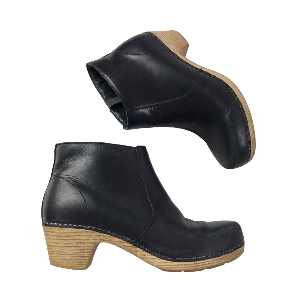 DANSKO sz 38/8 black oiled, leather side zip clog ankle boots boho comfort artsy